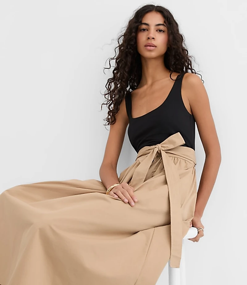 Tie Waist Mixed Media Midi Pocket Dress