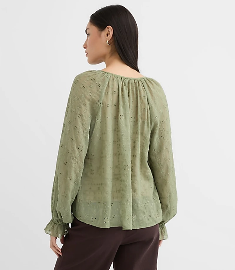 Eyelet Ruffle Cuff Tie Neck Blouse