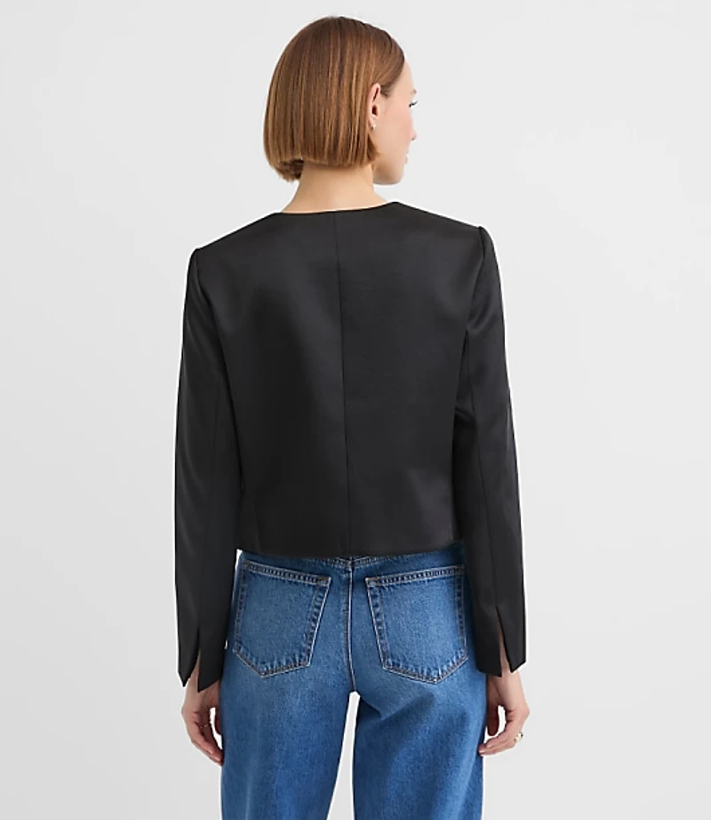 Petite Satin Bow Pocket Collarless Jacket