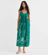 Floral Linen Cotton Strappy Midi Pocket Dress