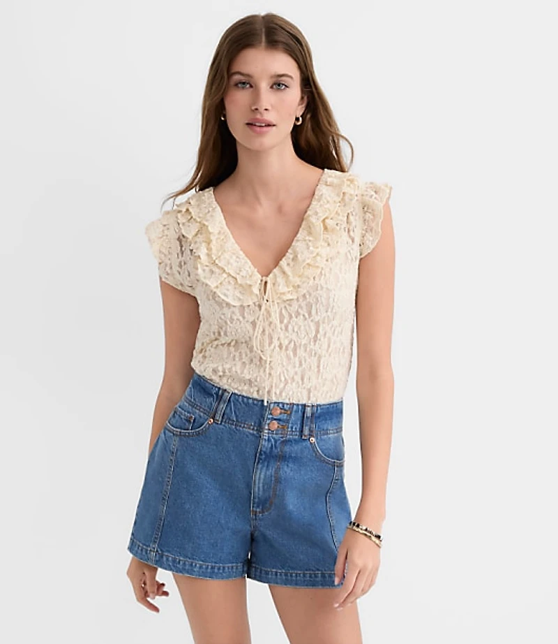 Lace Ruffle Tie Neck Top