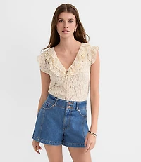 Lace Ruffle Tie Neck Top