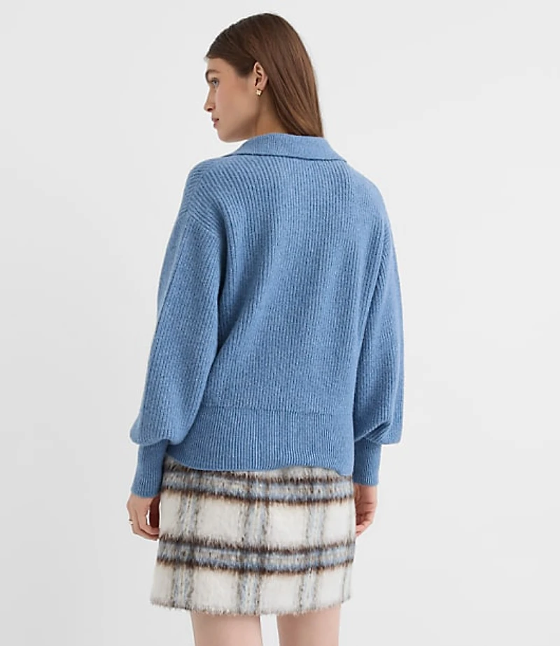 Ribbed Collared Split Neck Sweater