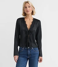 Lace Trim Satin Bow Blouse