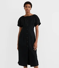 Pleated Barrel Sleeve Midi Pocket Dress