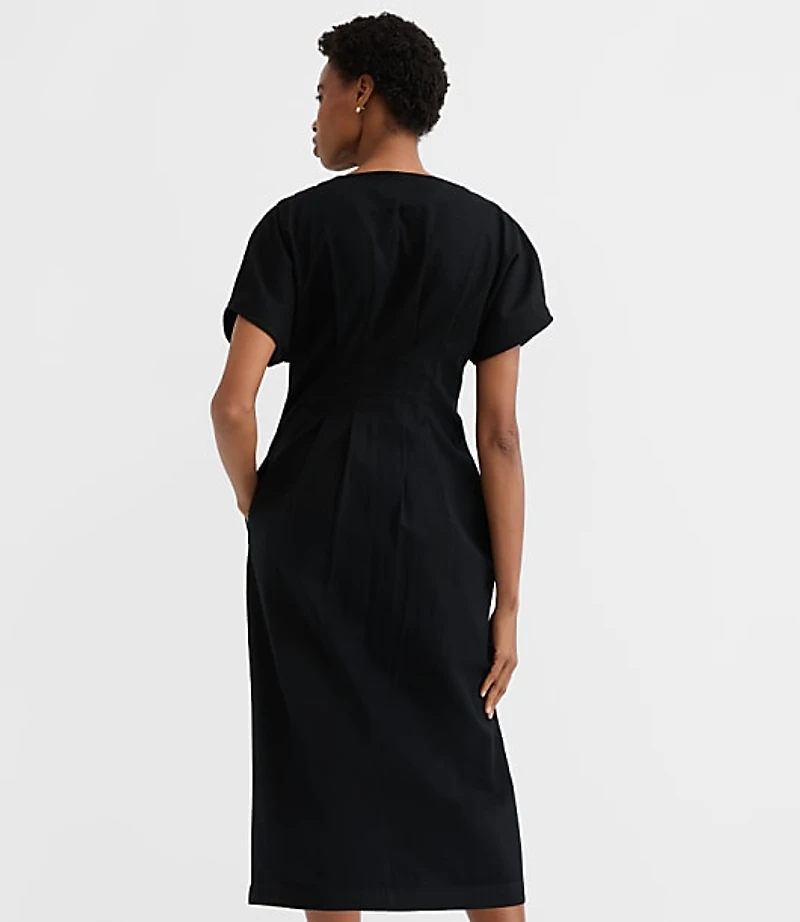 Pleated Barrel Sleeve Midi Pocket Dress