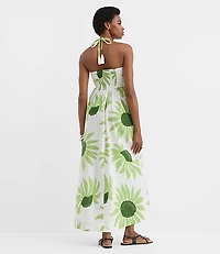 LOFT Beach Floral Linen Cotton Halter Maxi Pocket Dress