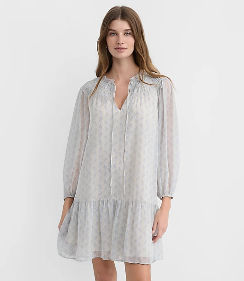 Paisley Smocked Tie Neck Mini Dress