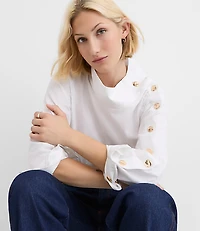 Petite Button Sleeve Mock Neck Shirt