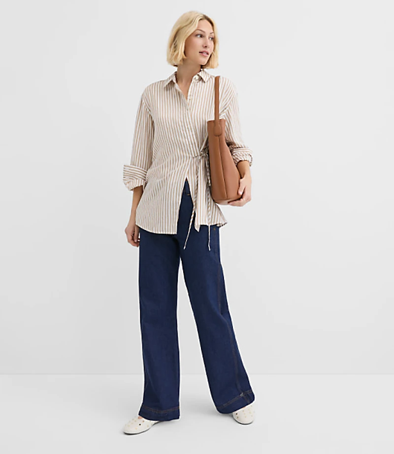 Petite Striped Asymmetrical Side Tie Tunic Shirt