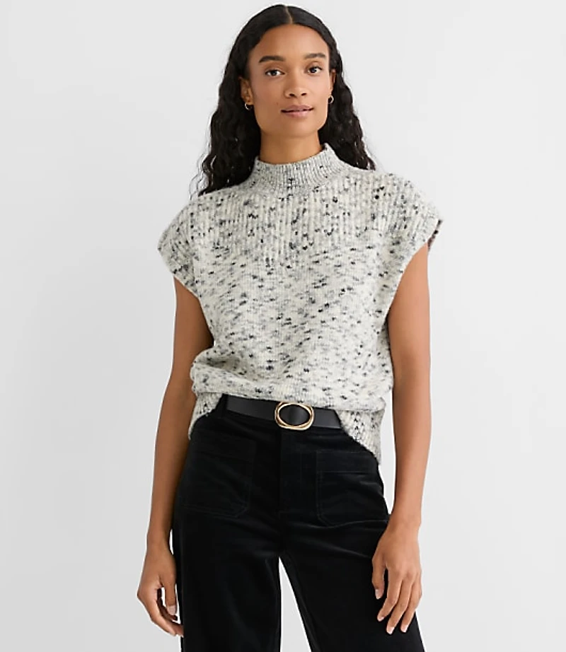 Melange Ribtrim Sleeveless Mock Neck Sweater