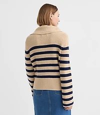 Petite Stripe Button Neck Flare Sleeve Sweater