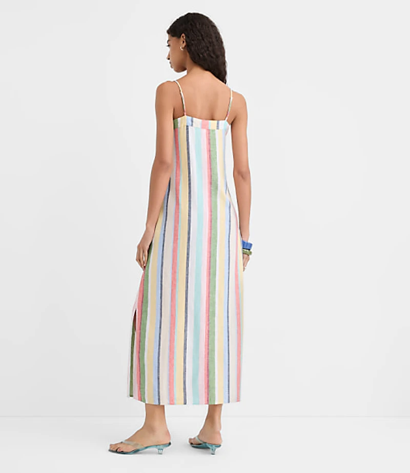 Rainbow Stripe Linen Cotton Strappy Maxi Dress