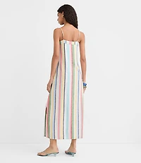 Rainbow Stripe Linen Cotton Strappy Maxi Dress