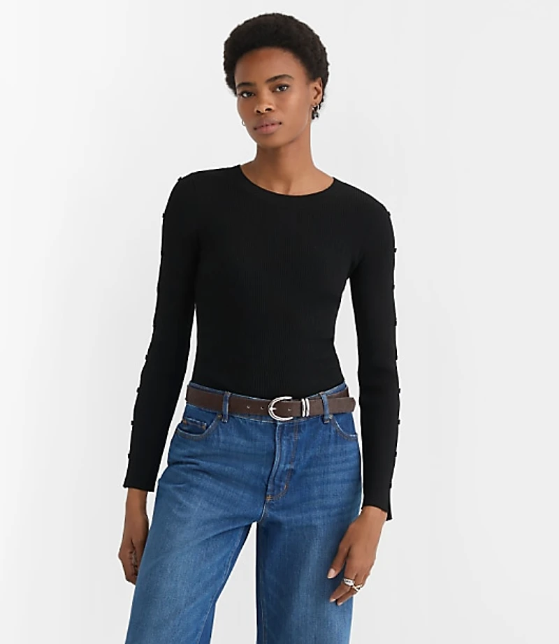 Petite Button Sleeve Ribbed Sweater