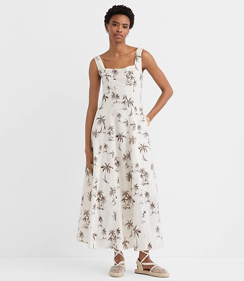 Palm Linen Cotton Seamed Midi Pocket Dress