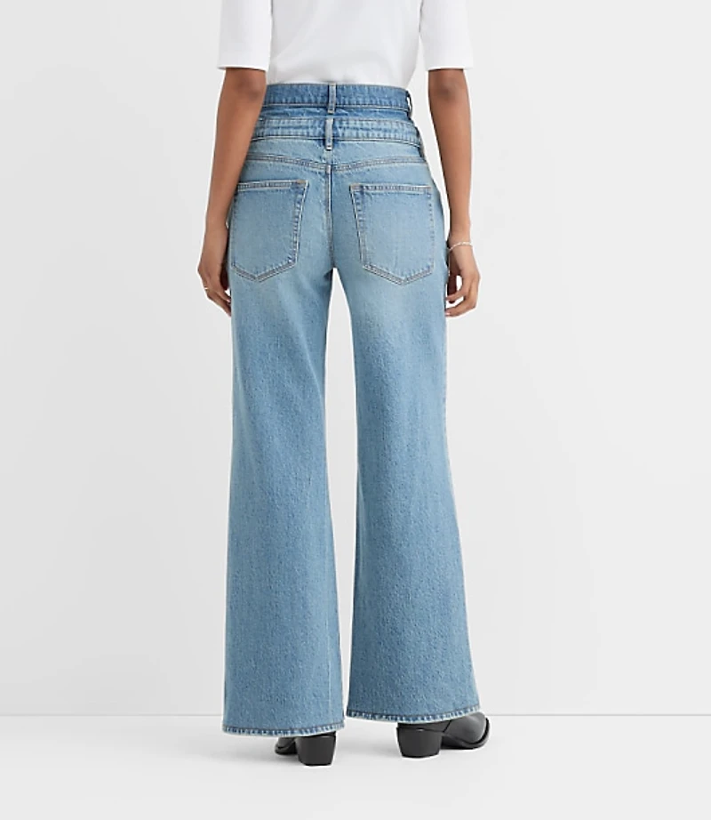 Rivete Petite Curvy Double Waisted High Rise Wide Leg Jeans Light Wash