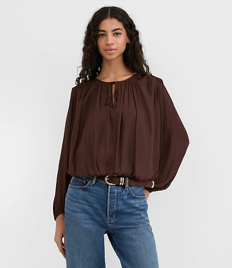 Shirred Tie Neck Bubble Blouse