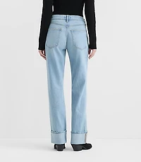 Rivete Tall Curvy Cuffed Mid Rise Relaxed Straight Jeans Light Wash