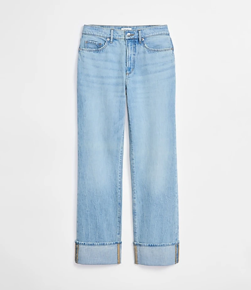 Rivete Tall Curvy Cuffed Mid Rise Relaxed Straight Jeans Light Wash