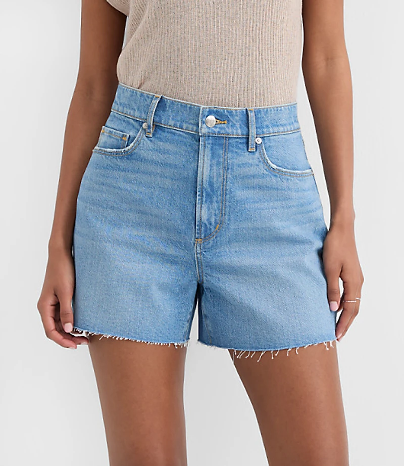 Rivete Petite High Rise Cut Off Denim Shorts Mid Wash