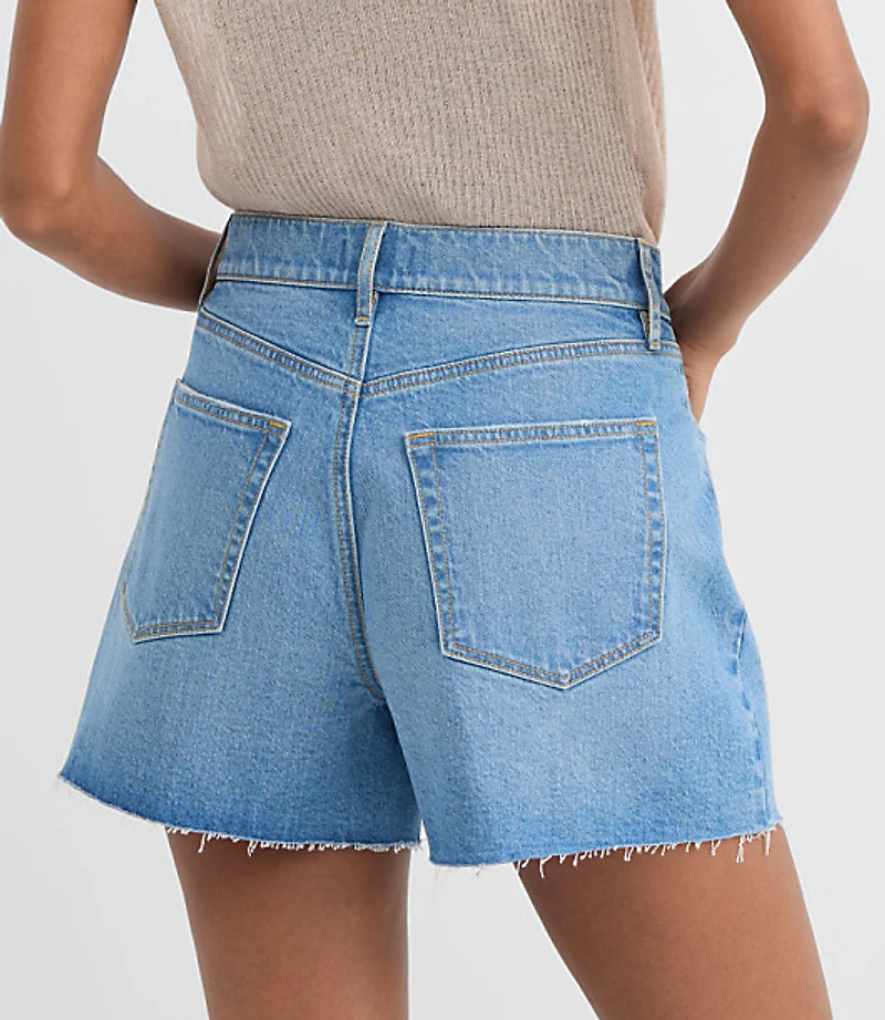 Rivete Petite High Rise Cut Off Denim Shorts Mid Wash