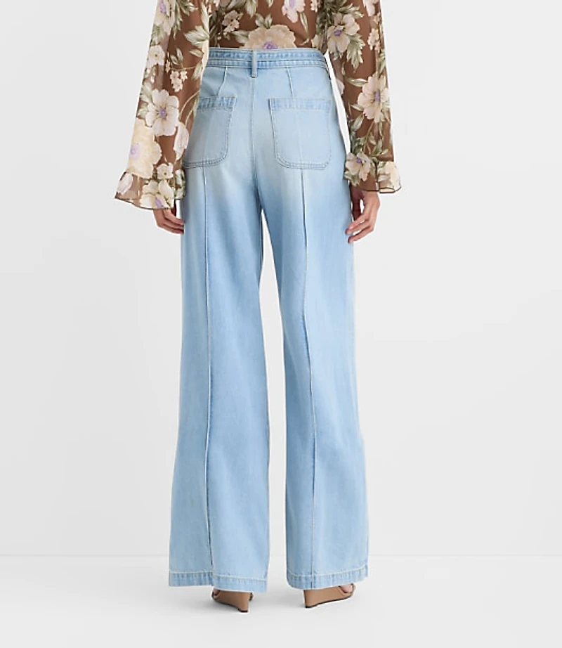 Tall Curvy Tie Waist High Rise Palazzo Jeans Light Wash
