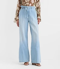 Tall Tie Waist High Rise Palazzo Jeans Light Wash