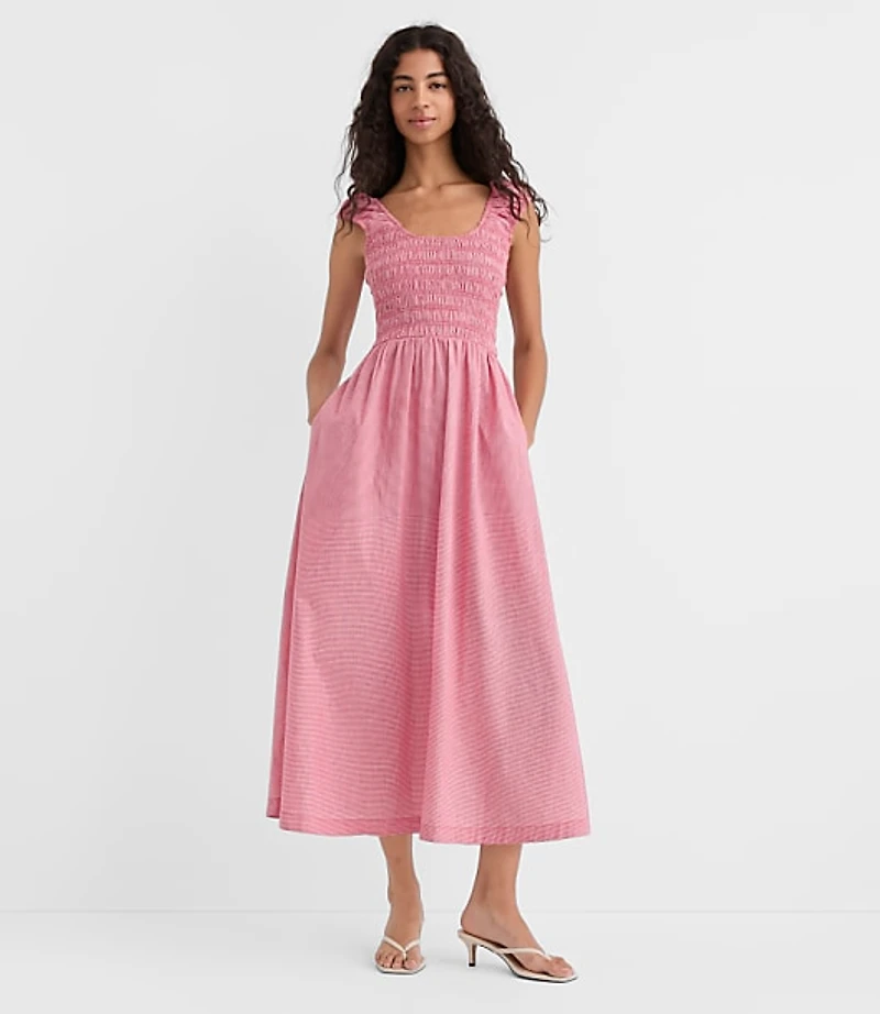 Gingham Smocked Cap Sleeve Midi Pocket Dress