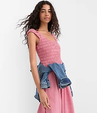 Gingham Smocked Cap Sleeve Midi Pocket Dress