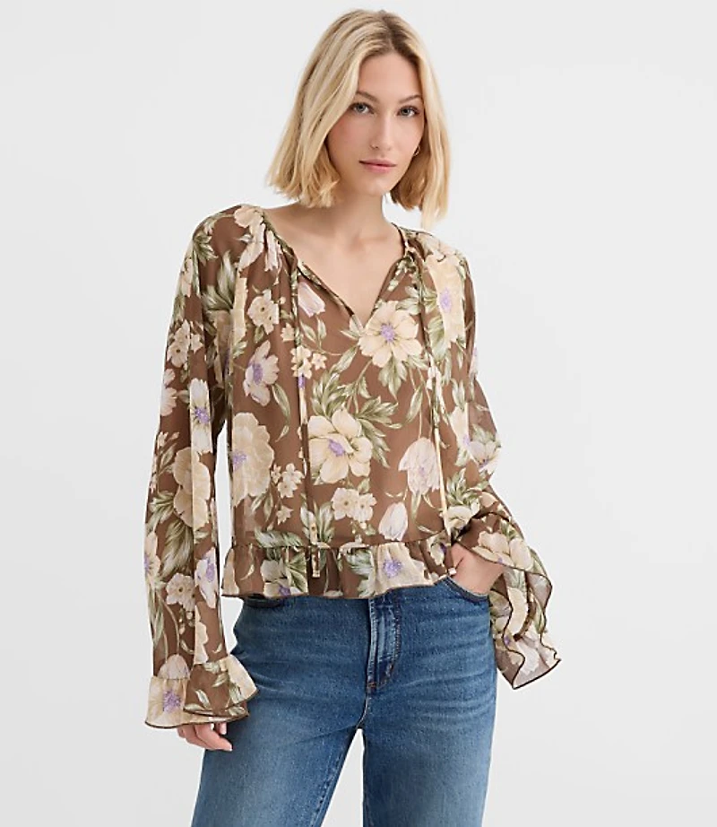 Petite Floral Tie Neck Bell Sleeve Blouse