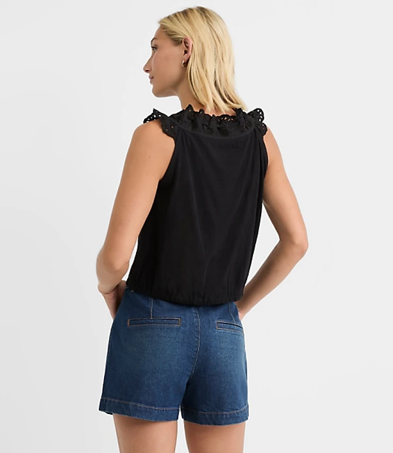 Eyelet Ruffle Tie Neck Button Top