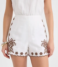 Darted Side Zip Shorts Floral Embroidered Linen Blend