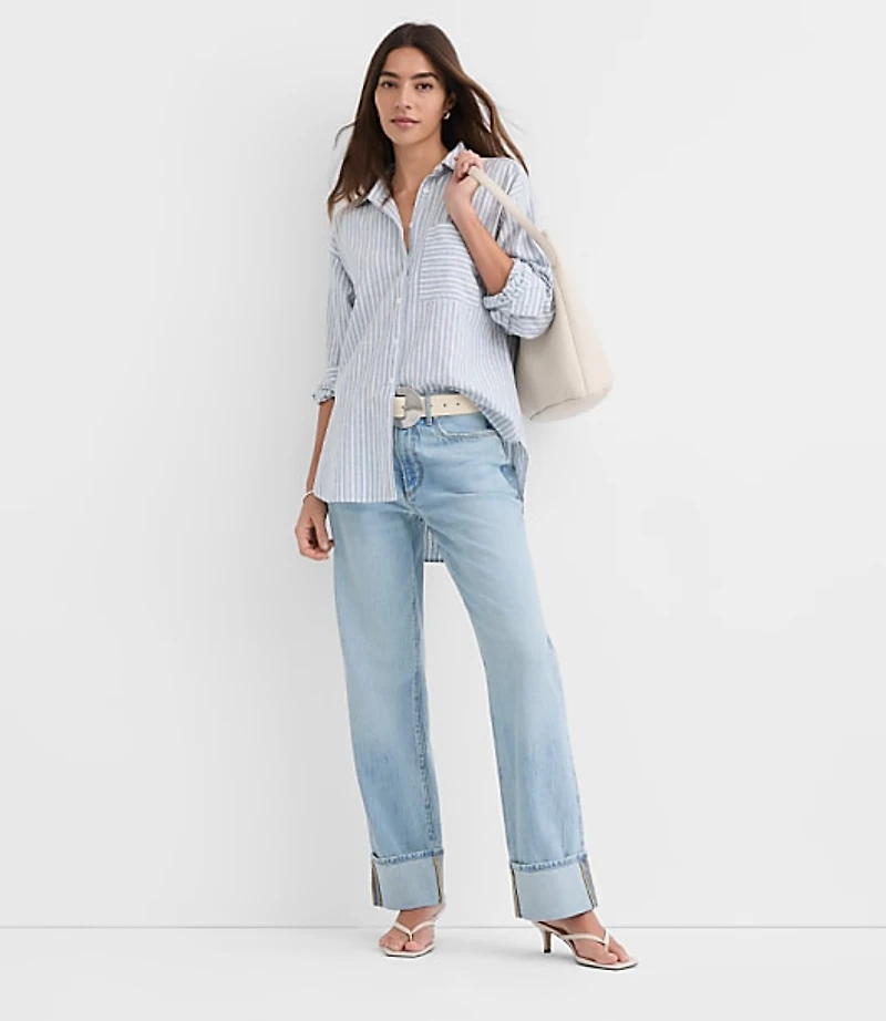 Petite Striped Linen Cotton Everyday Oversized Pocket Shirt