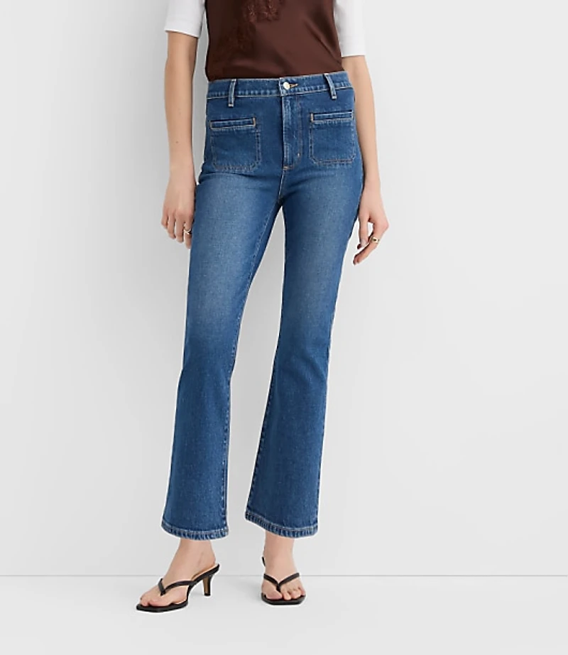 Rivete Short Welt Pocket High Rise Kick Crop Jeans Mid Wash