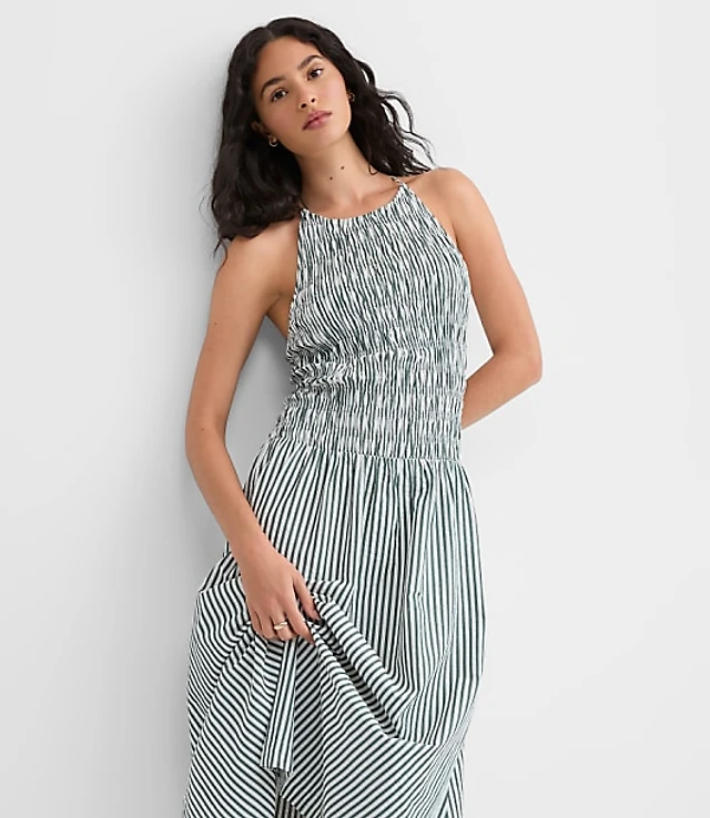 celandine linen blend smocked halter midi dress Celandine Linen Blend Smocked Halter Midi Dress at MarketFair Shoppes in  Princeton, NJ