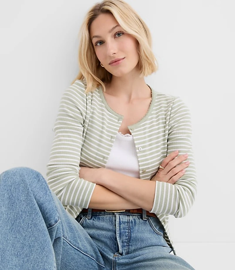 Petite Striped Scalloped Ribbed Cardigan