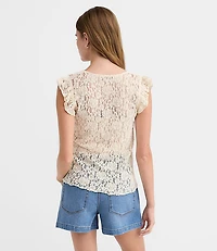 Petite Lace Ruffle Tie Neck Top