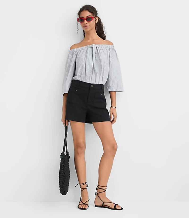 Petite Striped Poplin Bow Off The Shoulder Top