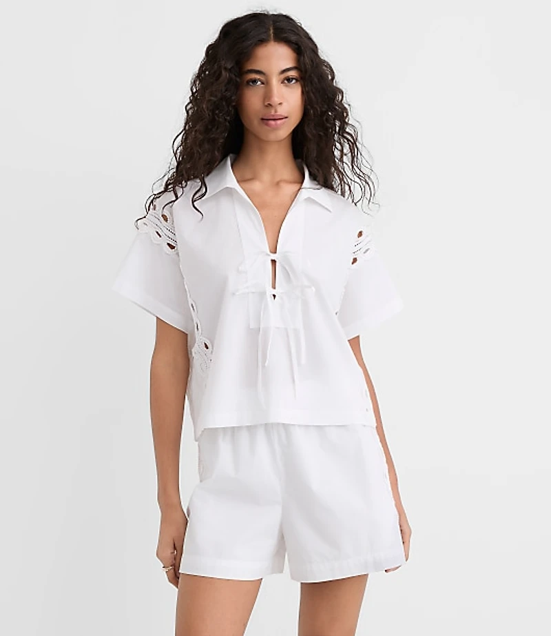 Petite Lace Eyelet Bow Poplin Shirt