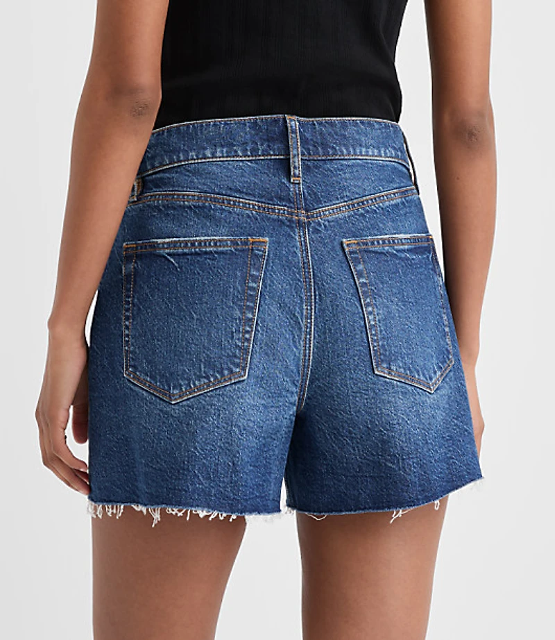 Rivete Destructed High Rise Cut Off Denim Shorts Dark Wash