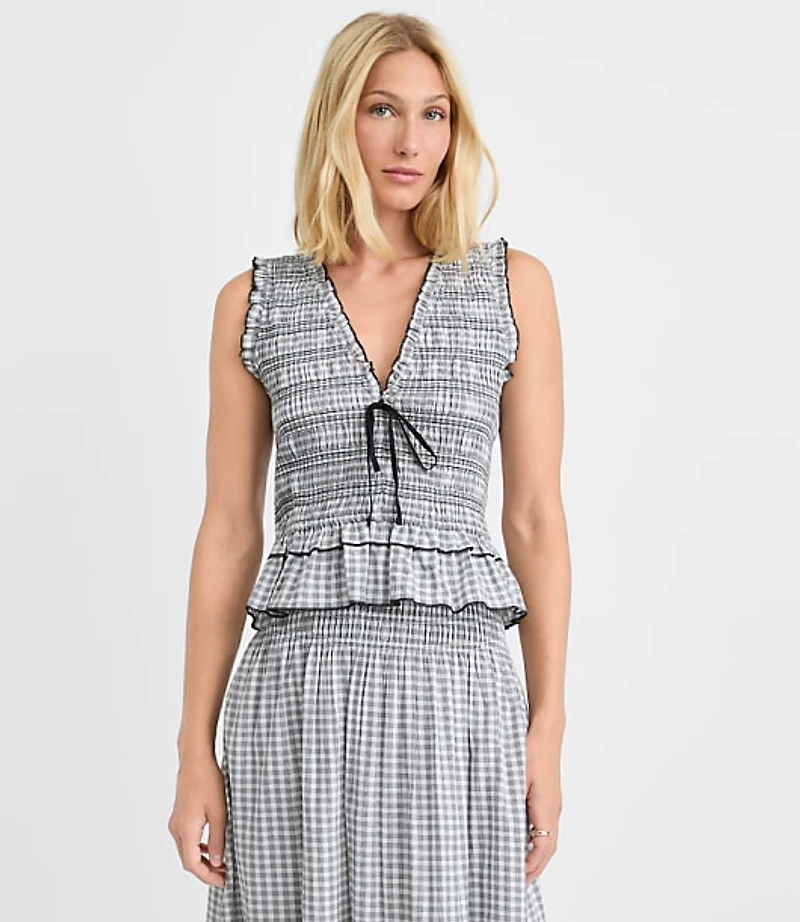 Petite Plaid Smocked Ruffle Peplum Top