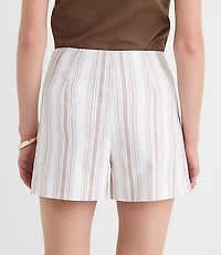 Curvy Darted Side Zip Shorts Striped Cotton Linen