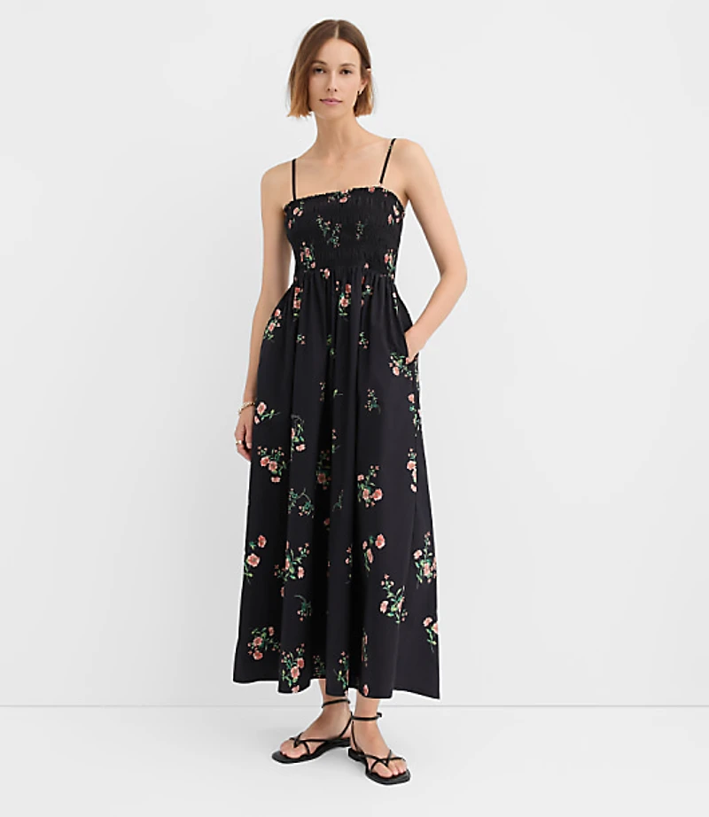 Floral Poplin Smocked Strappy Maxi Dress