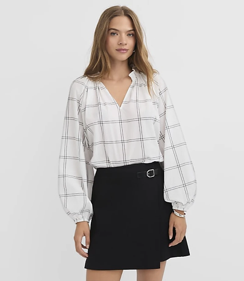 Plaid Pleated Ruffle Split Neck Blouse