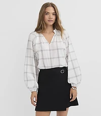 Plaid Pleated Ruffle Split Neck Blouse