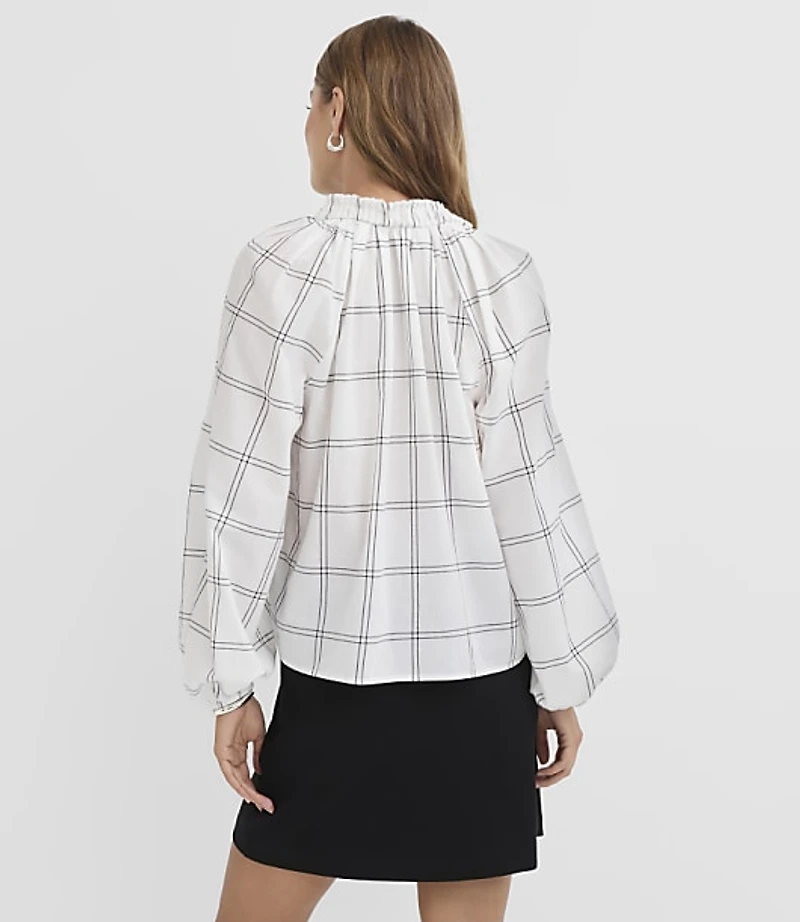 Plaid Pleated Ruffle Split Neck Blouse