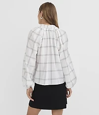 Plaid Pleated Ruffle Split Neck Blouse