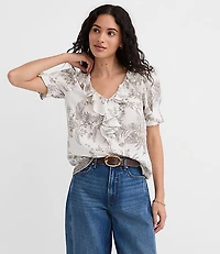 Floral Toile Pintucked Ruffle Blouse