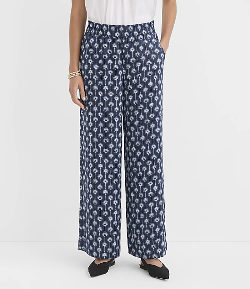 Fluid Pull On Wide Leg Pants Lotus Flower Satin